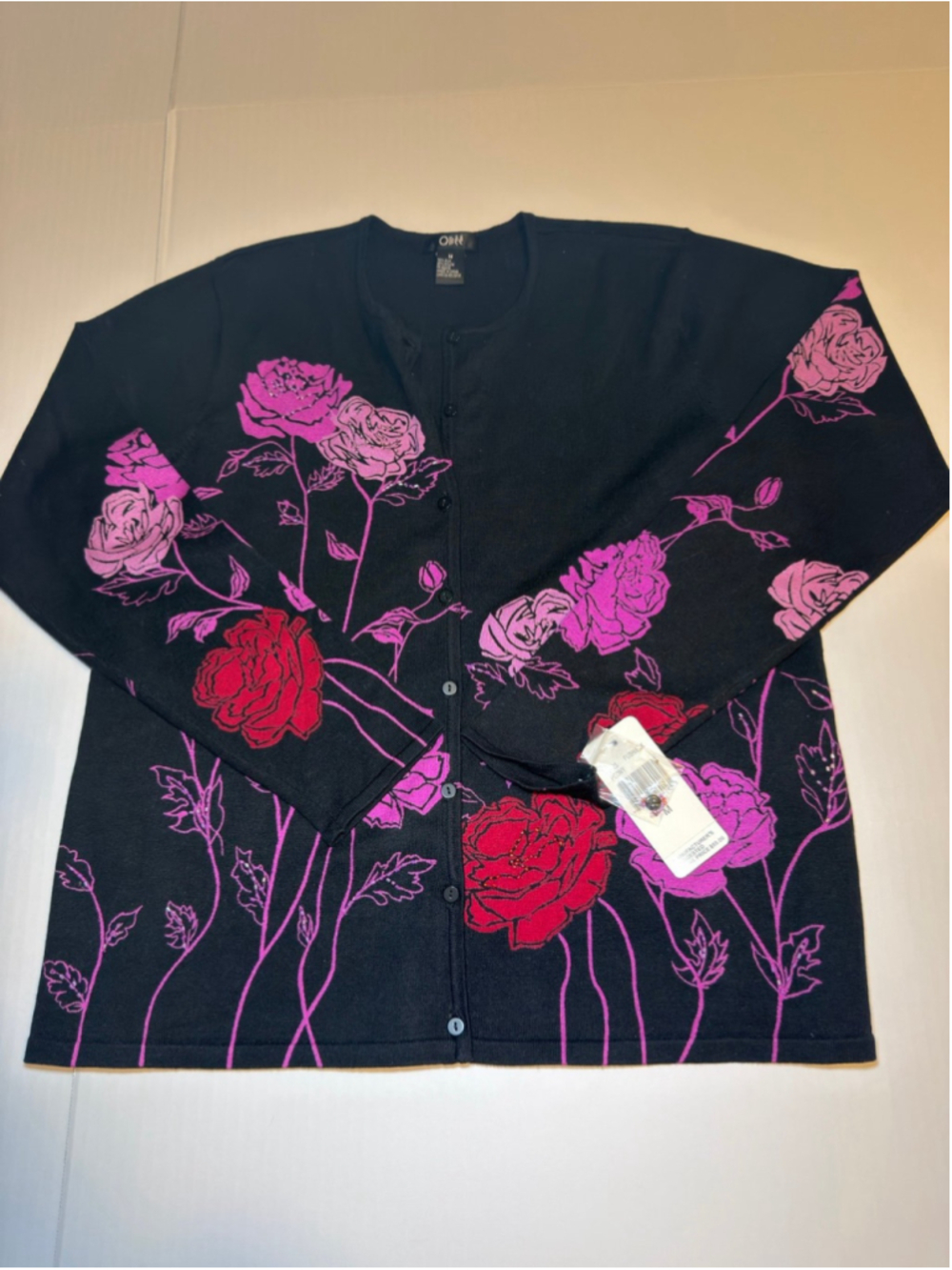 Obee NWT black with floral print cardigan sz M